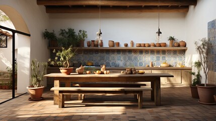 Rustic kitchen with a large wooden table and benches surrounded by plants and pottery