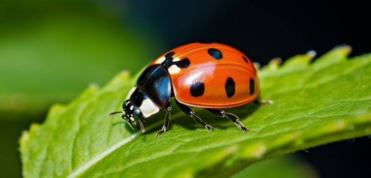 A detailed image of a red and black spotted ladybug on a green leaf under the summer sun