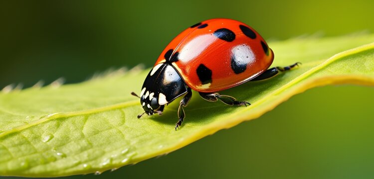 A detailed image of a red and black spotted ladybug on a green leaf under the summer sun