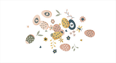 Happy Easter round frame. Pattern of eggs, flowers and twigs. For card, banner, poster, flyer, and web. Spring Festival. Vector illustration