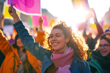 Empowering women's march, a dynamic image capturing a diverse group of women participating in a vibrant and empowering march or rally. - obrazy, fototapety, plakaty