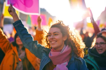 Tuinposter Empowering women's march, a dynamic image capturing a diverse group of women participating in a vibrant and empowering march or rally. © Hunman