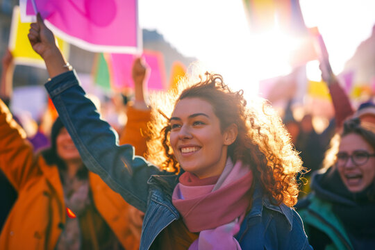 Empowering women's march, a dynamic image capturing a diverse group of women participating in a vibrant and empowering march or rally.
