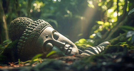 buddha statue laying in the forest, ai generated. - obrazy, fototapety, plakaty