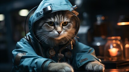 A cat wearing a spacesuit is sitting on a table - Powered by Adobe