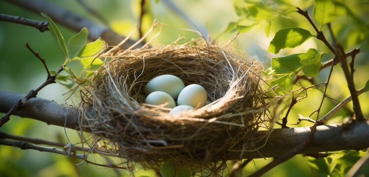 A high-definition image of a bird's nest with eggs nestled among tree branches