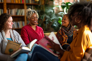 Book club, an inviting scene featuring a diverse group of women gathered for a book club meeting.