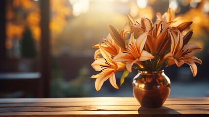 Lily plant in vas photo realistic on evening sun - obrazy, fototapety, plakaty