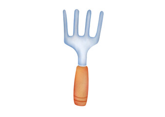 clip art watercolor Gardening metal Tools, pitchfork Isolated on transparent background. Floristry, gardening, hobby, outdoor activities. cut out Gardener's Supply for children's books, magazines