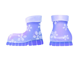 cut out, clip art Hand drawn watercolor purple cute rubber boots for baby on transparent background. clean protecting from moisture, rain, puddles for Gardening, farm. spring, summer, autumn time