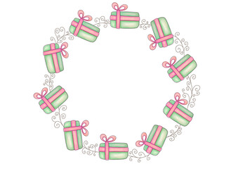 cute watercolor border frame with gift boxes, free place for text, copy space. round frame on transparent background. Template for greeting cards or invitations for Christmas, mom day, birthday