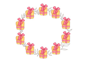 cute watercolor border frame with gift boxes, free place for text, copy space. round frame on transparent background. Template for greeting cards or invitations for Christmas, mom day, birthday