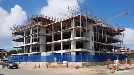 Apartment building under construction with scaffolding - obrazy, fototapety, plakaty
