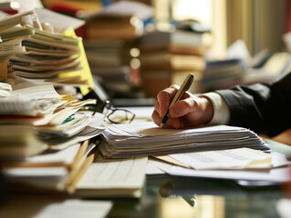 Businessman writes on paper, hand resting on it. Cluttered table filled with documents and stacks of papers