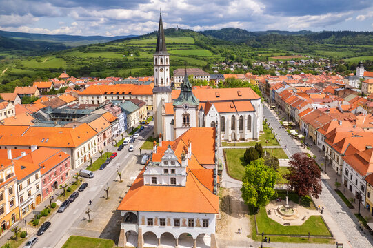 Aerial view of the historic center of Levoca town in summer, Slovakia.