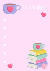 Note pink reading organizer, check list, to do list with cute cartoon stack of books with cup of coffee