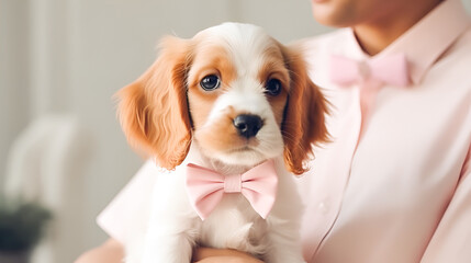 Cute puppy with a pink bow as a gift in the hands of a person. Suitable for greeting cards for spring holidays - Mother's Day, March 8 and Valentine's Day and promotions.
