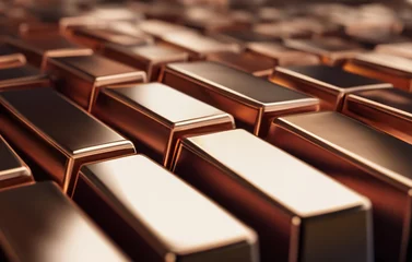 Fotobehang Copper bars background. Copper production. World prices for copper metal on global metals market and mining market. Copper bullion bars precious metals investing © MaxSafaniuk