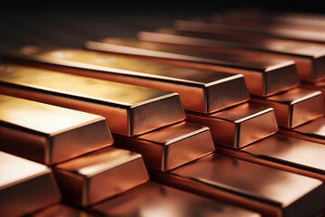 Copper bars background. Copper production. World prices for copper metal on global metals market and mining market. Copper bullion bars precious metals investing - obrazy, fototapety, plakaty