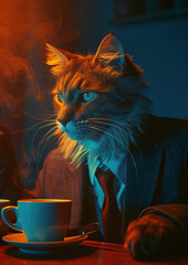 Cat drinking coffee at the cafe in suit and tie