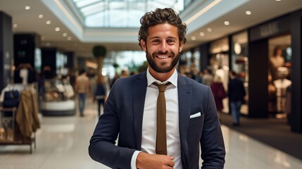 A well-dressed man smiles at the camera in a shopping mall, - obrazy, fototapety, plakaty