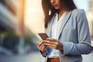Asian businesswoman using smartphone in urban setting,