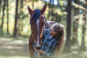 A young woman cuddle with her bay brown trotter horse in autumn outdoors - obrazy, fototapety, plakaty