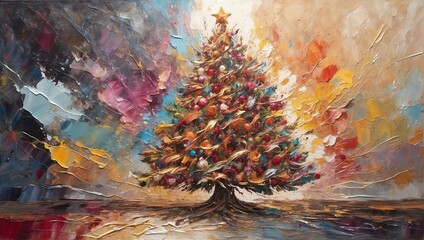 Obraz na płótnie Canvas Oil painting Christmas tree artwork. Hand drawn oil painting. Christmas art background. Oil painting on canvas. Modern Contemporary art 