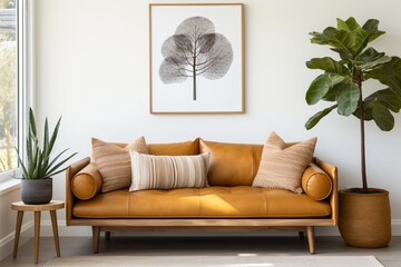 Minimalist living room interior with leather sofa and plants