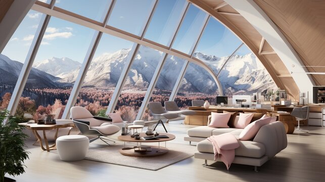 Modern Mountain Home Interior Living Room With Panoramic Windows