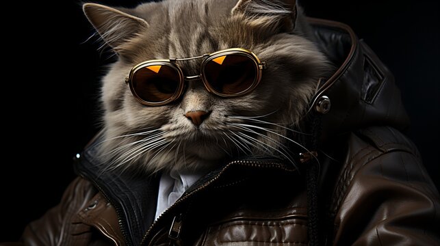 A gray cat wearing a brown leather jacket and aviator goggles
