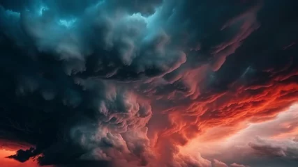 Poster Black dark gray blue purple red pink coral orange storm clouds. Gloomy cloudy dramatic ominous epic sky background. Color gradient. Night evening sunset. Hurricane wind rain light lightning fire smoke © IC Production