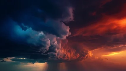  Black dark gray blue purple red pink coral orange storm clouds. Gloomy cloudy dramatic ominous epic sky background. Color gradient. Night evening sunset. Hurricane wind rain light lightning fire smoke © IC Production