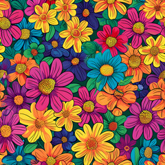 Fototapeta na wymiar Summer flowers bright colors flat illustrations seamless patterns. High-resolution