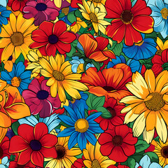 Summer flowers bright colors flat illustrations seamless patterns. High-resolution