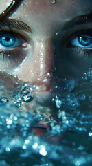 Blue female eyes look out of the water. Close-up woman portrait. High quality