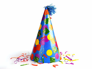 Blue in dots birthday hat isolated on a white background with pom-pom. High quality