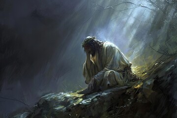 A depiction of jesus at gethsemane in deep anguish Illustrating human emotions and divine mission - obrazy, fototapety, plakaty