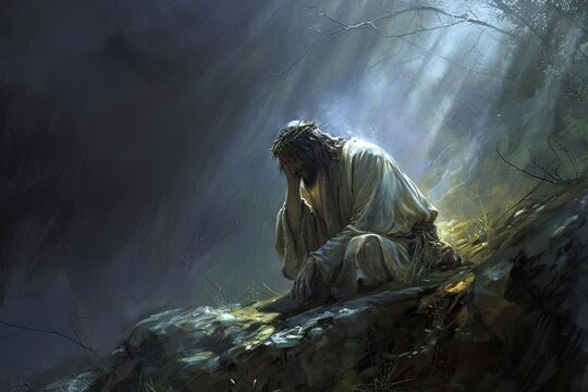 A depiction of jesus at gethsemane in deep anguish Illustrating human emotions and divine mission