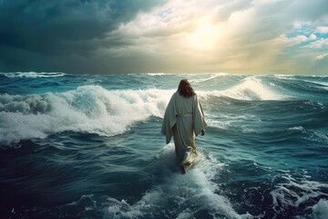 Jesus walking on water With a stormy sea in the background