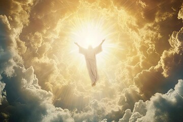 The ascension of jesus christ into heaven With a radiant light and clouds