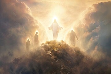 The transfiguration of jesus With a glowing aura On a mountain top - obrazy, fototapety, plakaty