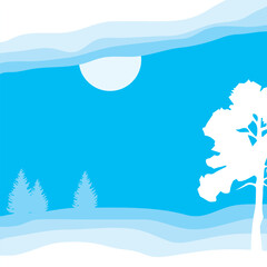 Background design with winter paper cut composition with deer and pine trees