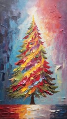 Oil painting Christmas tree artwork. Hand drawn oil painting. Christmas art background. Oil painting on canvas. Modern Contemporary art
