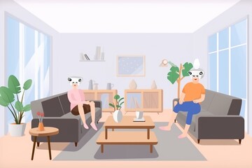 Two people wearing virtual reality headsets are sitting on a couch in a living room