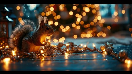 illustration of a squirrel with stars on the ground, light gray and silver 