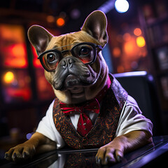 French Bulldog hosting news broadcast, podcast, streaming