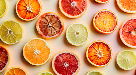 Variety of citrus fruit including lemons, grapefruits, blood oranges. Summer fruit nature pattern on a soft peach colored background. Raw food concept. Flat lay, top view. - obrazy, fototapety, plakaty