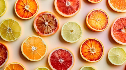 Foto op Plexiglas Variety of citrus fruit including lemons, grapefruits, blood oranges. Summer fruit nature pattern on a soft peach colored background. Raw food concept. Flat lay, top view. © jbuinac