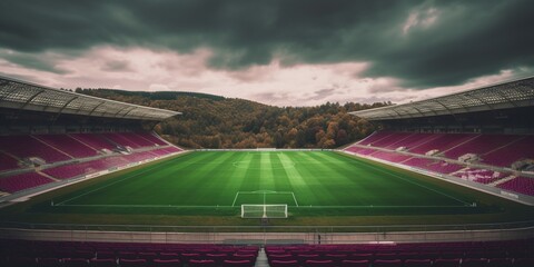 Empty soccer stadium with pink seats under cloudy sky